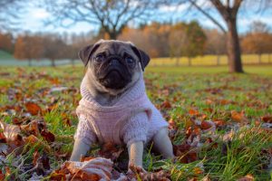 Dog wearing sweater on the grass outside with autumn leaves