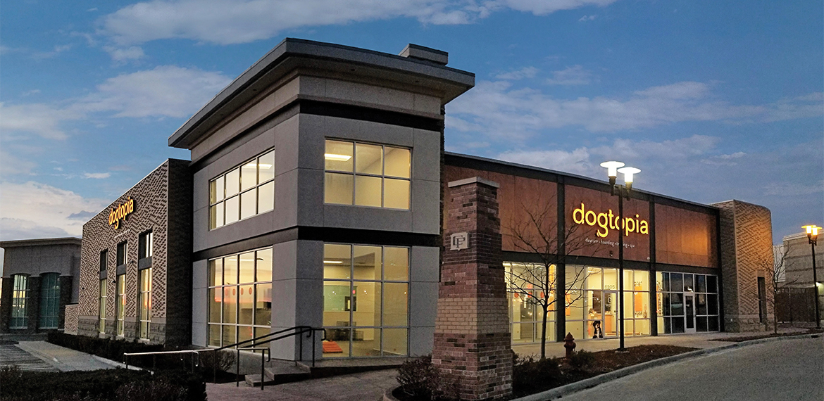 Outside shot of Dogtopia location at dusk