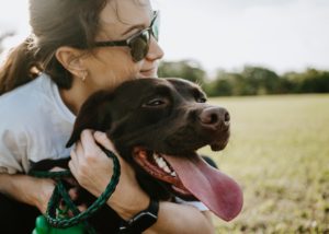 Woman holding brown lab dog
