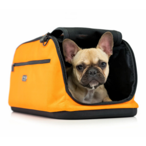 A yellow Dogtopia Shop Sleepypod Air Dog Carrier with a dog, french bulldog breed, inside