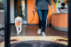 A dog on leash with dog owner walking out of Dogtopia lobby